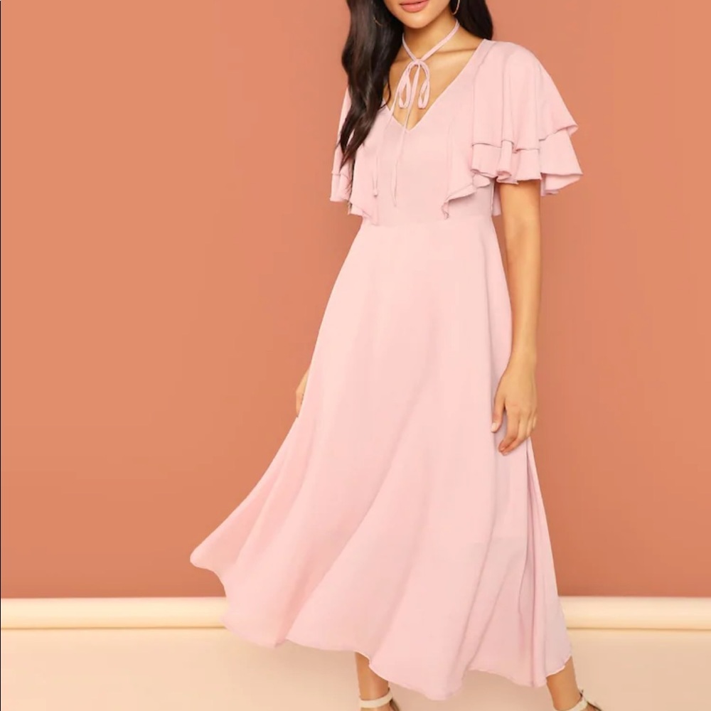 SheIn Pink Flowy Neck Tie Midi Dress